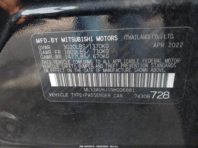 Aukcja sprzedaży 2022 Mitsubishi Mirage Es/le, vin: ML32AUHJ1NH006881, numer aukcji: 46029476