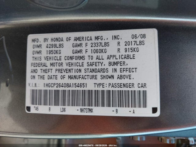 Продаж на аукціоні авто 2008 Honda Accord 2.4 Lx-p, vin: 1HGCP26408A154651, номер лоту: 46029478
