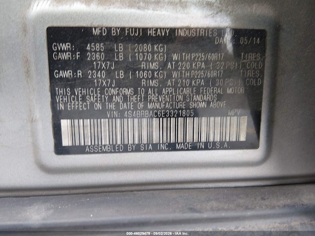 46029479 :رقم المزاد ، 4S4BRBAC6E3321805 vin ، 2014 Subaru Outback 2.5i مزاد بيع