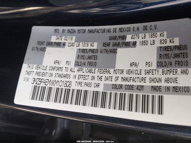 2019 Mazda Mazda3 Premium Package მანქანა იყიდება აუქციონზე, vin: 3MZBPAEMXKM101808, აუქციონის ნომერი: 46029488