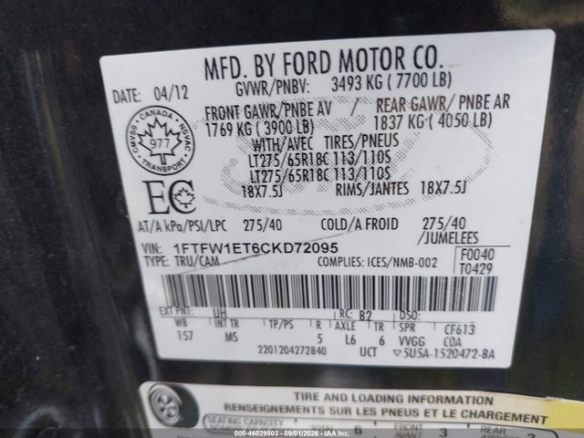 46029503 :رقم المزاد ، 1FTFW1ET6CKD72095 vin ، 2012 Ford F-150 Xlt مزاد بيع