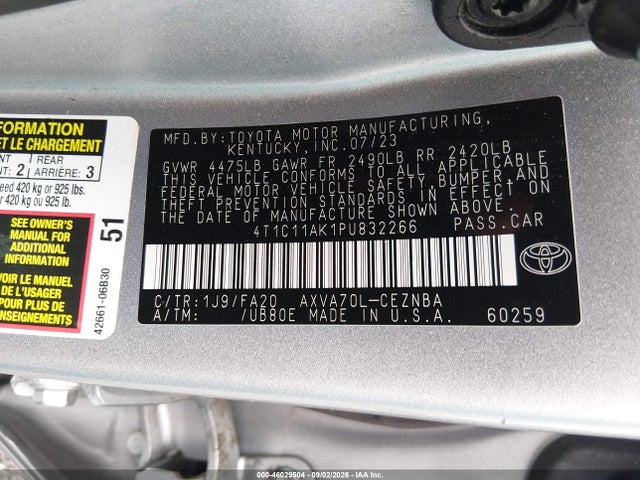 Aukcja sprzedaży 2023 Toyota Camry Le, vin: 4T1C11AK1PU832266, numer aukcji: 46029504