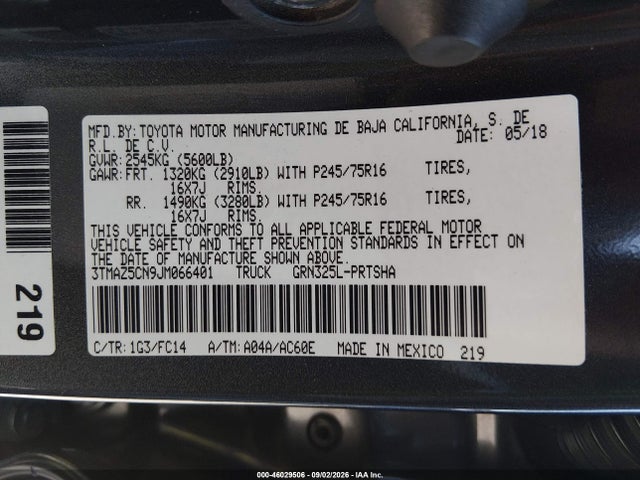 Продажа на аукционе авто 2018 Toyota Tacoma Sr5 V6, vin: 3TMAZ5CN9JM066401, номер лота: 46029506