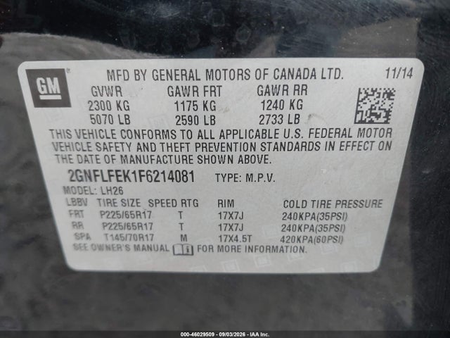 Aukcja sprzedaży 2015 Chevrolet Equinox 1lt, vin: 2GNFLFEK1F6214081, numer aukcji: 46029509
