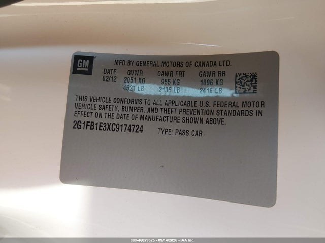 46029525 :رقم المزاد ، 2G1FB1E3XC9174724 vin ، 2012 Chevrolet Camaro 1lt مزاد بيع