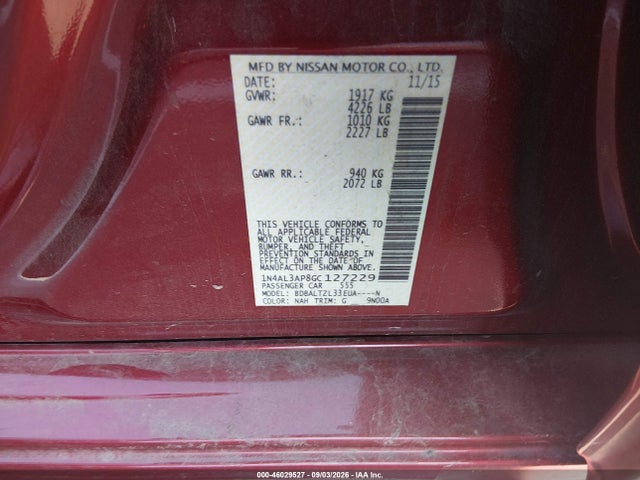 Продажа на аукционе авто 2016 Nissan Altima 2.5 Sl, vin: 1N4AL3AP8GC127229, номер лота: 46029527