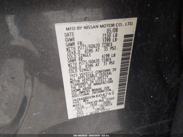 Продаж на аукціоні авто 2009 Nissan Armada Le, vin: 5N1BA08DX9N604745, номер лоту: 46029529