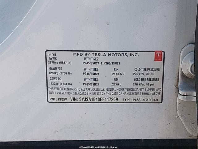 Tesla Model S 85d/p85d 2015 5YJSA1E48FF117259 Image 9