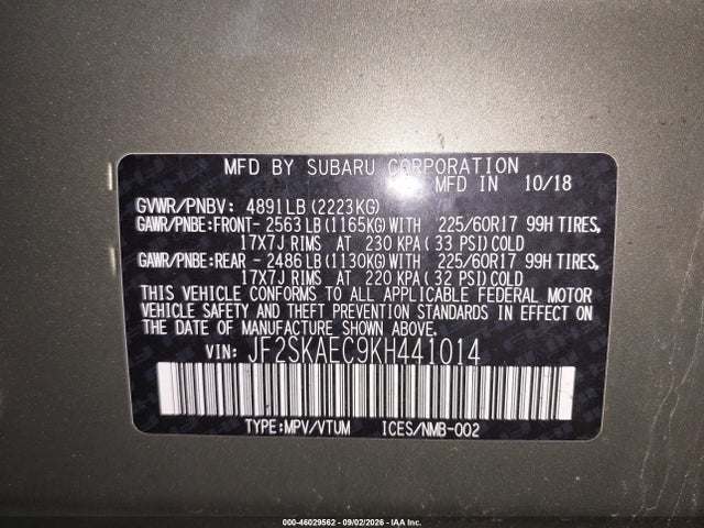 2019 Subaru Forester Premium მანქანა იყიდება აუქციონზე, vin: JF2SKAEC9KH441014, აუქციონის ნომერი: 46029562
