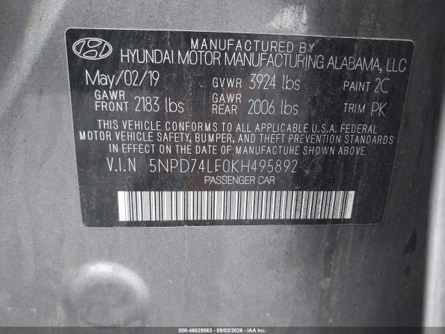 Aukcja sprzedaży 2019 Hyundai Elantra Se, vin: 5NPD74LF0KH495892, numer aukcji: 46029563