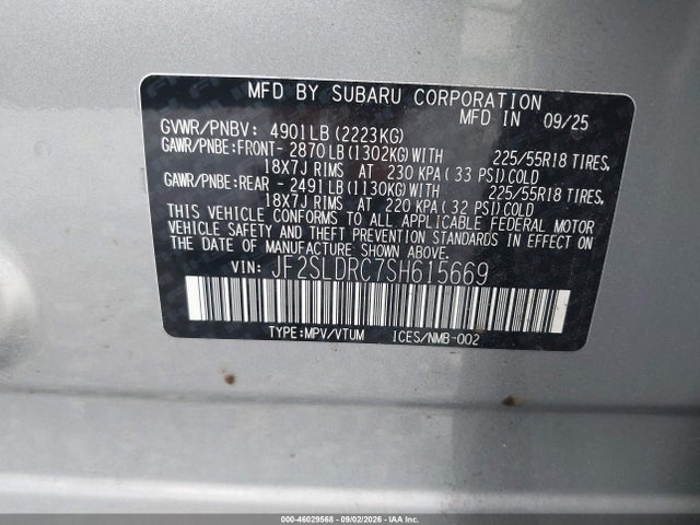 2025 Subaru Forester Limited მანქანა იყიდება აუქციონზე, vin: JF2SLDRC7SH615669, აუქციონის ნომერი: 46029568