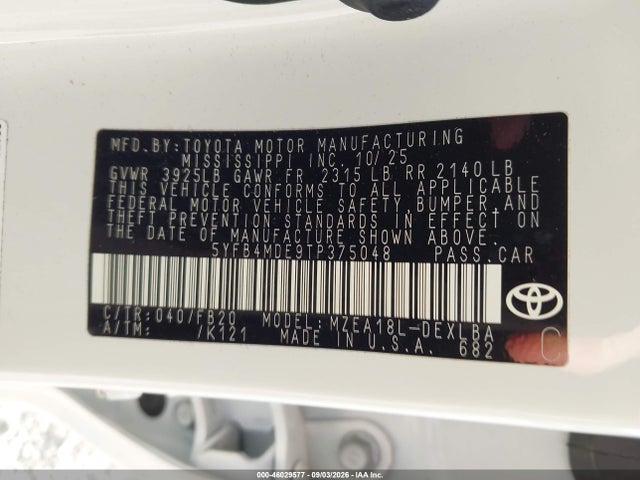 46029577 :رقم المزاد ، 5YFB4MDE9TP375048 vin ، 2026 Toyota Corolla Le مزاد بيع