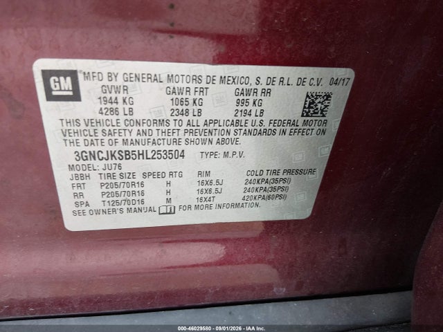 2017 Chevrolet Trax Ls მანქანა იყიდება აუქციონზე, vin: 3GNCJKSB5HL253504, აუქციონის ნომერი: 46029580