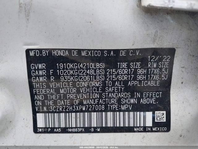 Продаж на аукціоні авто 2023 Honda Hr-v Awd Lx, vin: 3CZRZ2H3XPM727008, номер лоту: 46029599