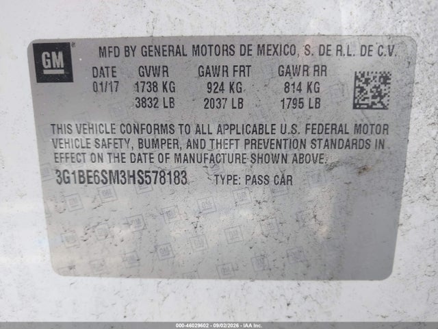 46029602 :رقم المزاد ، 3G1BE6SM3HS578183 vin ، 2017 Chevrolet Cruze Lt Auto مزاد بيع