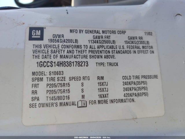 46029604 :رقم المزاد ، 1GCCS14H838178273 vin ، 2003 Chevrolet S-10 مزاد بيع