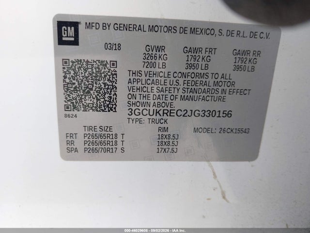 Продажа на аукционе авто 2018 Chevrolet Silverado 1500 2lt, vin: 3GCUKREC2JG330156, номер лота: 46029608