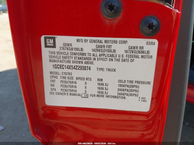 Aukcja sprzedaży 2004 Chevrolet Silverado 1500, vin: 1GCEC14X54Z293874, numer aukcji: 46029636
