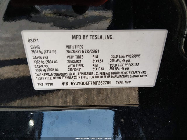 Продажа на аукционе авто 2021 Tesla Model Y Performance Dual Motor All-wheel Drive, vin: 5YJYGDEF7MF252709, номер лота: 46029638