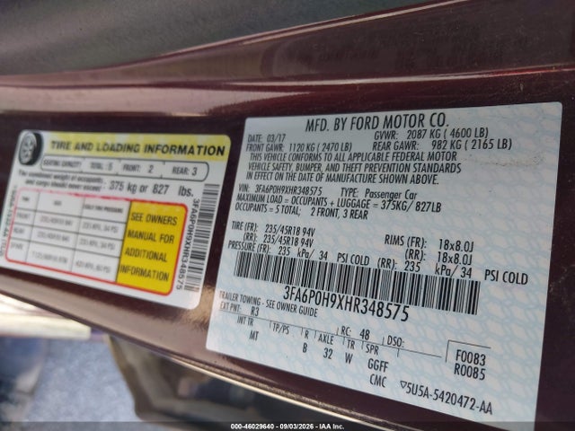 Ford FUSION SE 2017 3FA6P0H9XHR348575 Image 9
