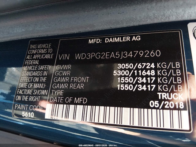 Продаж на аукціоні авто 2018 Mercedes-benz Metris, vin: WD3PG2EA5J3479260, номер лоту: 46029645