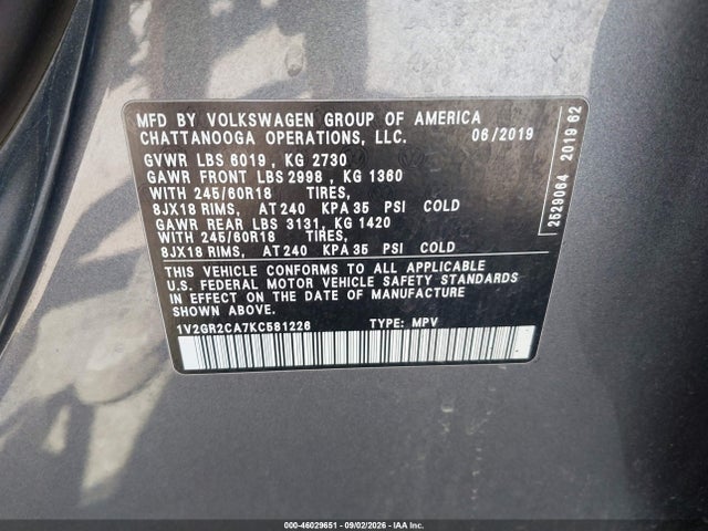 46029651 :رقم المزاد ، 1V2GR2CA7KC581226 vin ، 2019 Volkswagen Atlas 3.6l V6 S مزاد بيع