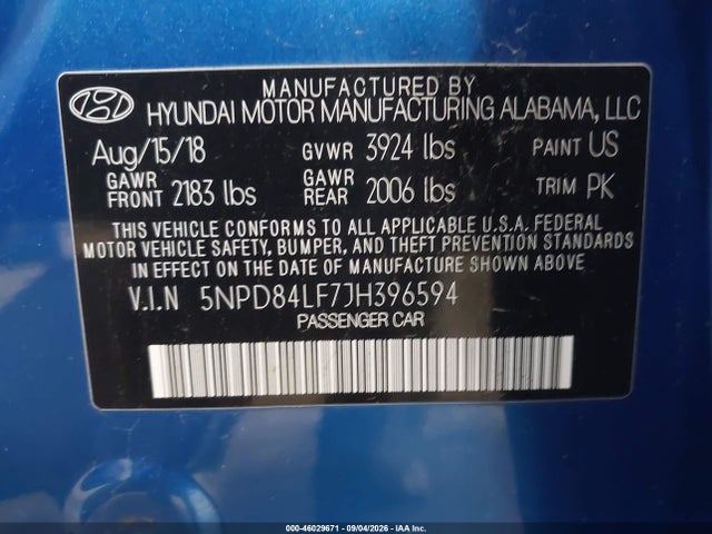 Aukcja sprzedaży 2018 Hyundai Elantra Sel, vin: 5NPD84LF7JH396594, numer aukcji: 46029671