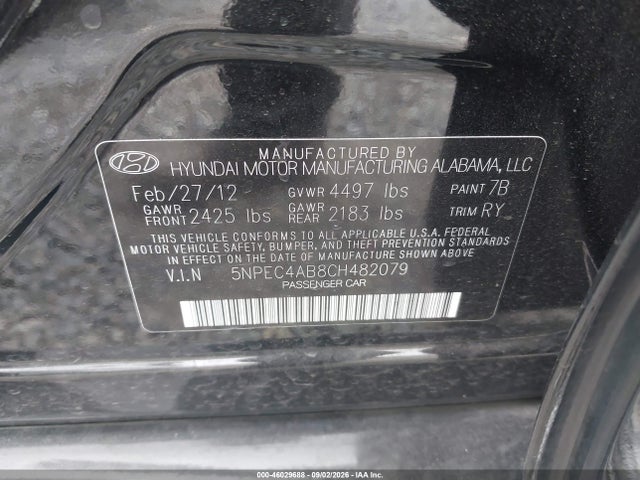 46029688 :رقم المزاد ، 5NPEC4AB8CH482079 vin ، 2012 Hyundai Sonata Se 2.0t مزاد بيع