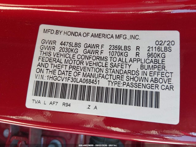 2020 Honda Accord Sport მანქანა იყიდება აუქციონზე, vin: 1HGCV1F30LA068451, აუქციონის ნომერი: 46029699