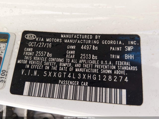 Aukcja sprzedaży 2017 Kia Optima Lx, vin: 5XXGT4L3XHG128274, numer aukcji: 46029701