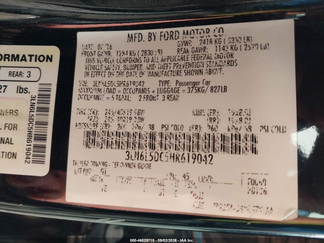 2017 Lincoln Mkz Select მანქანა იყიდება აუქციონზე, vin: 3LN6L5DC5HR619042, აუქციონის ნომერი: 46029715