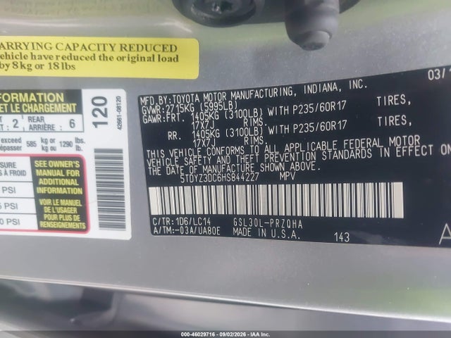 Aukcja sprzedaży 2017 Toyota Sienna Xle 8 Passenger, vin: 5TDYZ3DC6HS844227, numer aukcji: 46029716