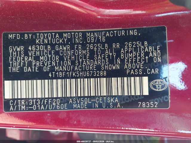 46029727 :رقم المزاد ، 4T1BF1FK5HU673288 vin ، 2017 Toyota Camry Se مزاد بيع