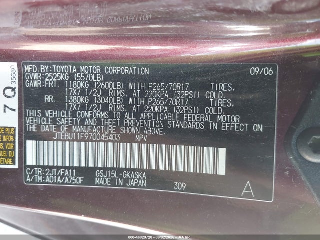 Aukcja sprzedaży 2007 Toyota Fj Cruiser, vin: JTEBU11F970045403, numer aukcji: 46029728