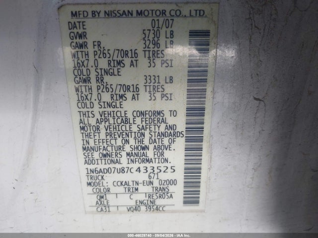 46029740 :رقم المزاد ، 1N6AD07U87C433525 vin ، 2007 Nissan Frontier Se مزاد بيع