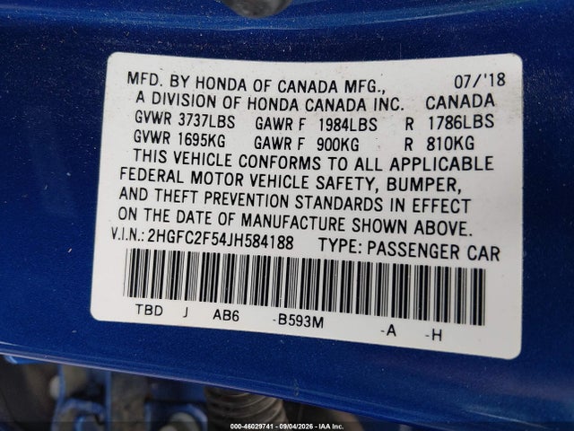 Honda Civic Lx 2018 2HGFC2F54JH584188 Image 9