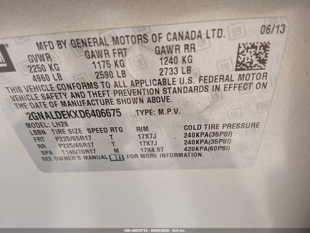 Aukcja sprzedaży 2013 Chevrolet Equinox 1lt, vin: 2GNALDEKXD6406675, numer aukcji: 46029753
