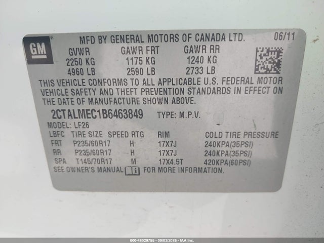 Aukcja sprzedaży 2011 Gmc Terrain Sle-1, vin: 2CTALMEC1B6463849, numer aukcji: 46029755