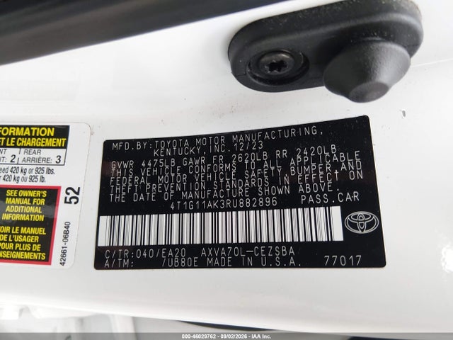 46029762 :رقم المزاد ، 4T1G11AK3RU882896 vin ، 2024 Toyota Camry Se مزاد بيع