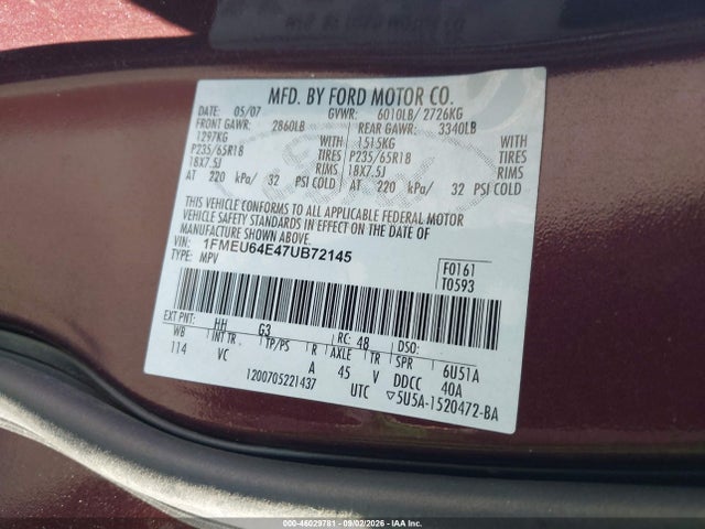 2007 Ford Explorer Eddie Bauer მანქანა იყიდება აუქციონზე, vin: 1FMEU64E47UB72145, აუქციონის ნომერი: 46029781