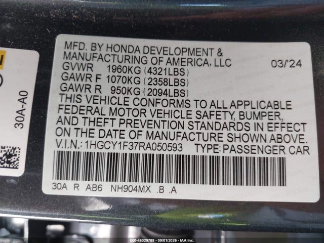 2024 Honda Accord Ex მანქანა იყიდება აუქციონზე, vin: 1HGCY1F37RA050593, აუქციონის ნომერი: 46029788