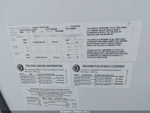 Продаж на аукціоні авто 2020 Forest River Grey W, vin: 4X4TCKE26LX143695, номер лоту: 46029793