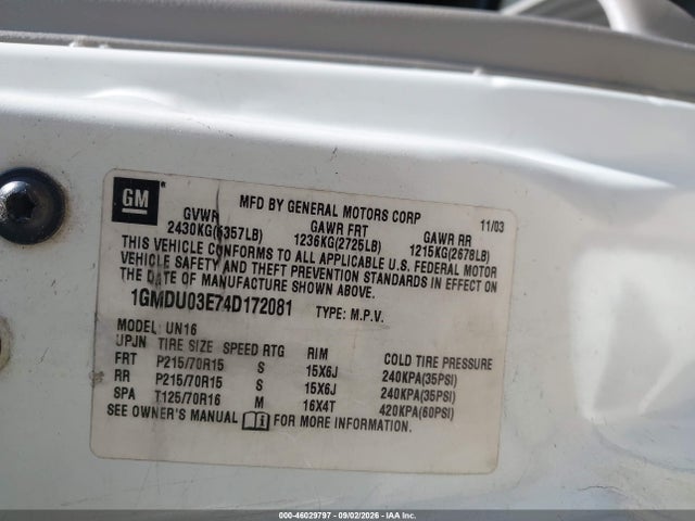 Auction sale of the 2004 Pontiac Montana N16, vin: 1GMDU03E74D172081, lot number: 46029797