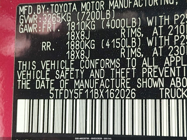 2011 Toyota Tundra Grade 5.7l V8 მანქანა იყიდება აუქციონზე, vin: 5TFDY5F11BX162026, აუქციონის ნომერი: 46029798