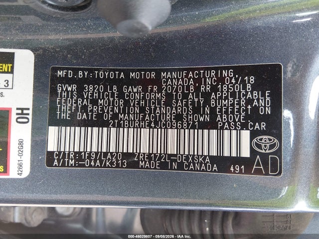 46029807 :رقم المزاد ، 2T1BURHE4JC096871 vin ، 2018 Toyota Corolla Xse مزاد بيع
