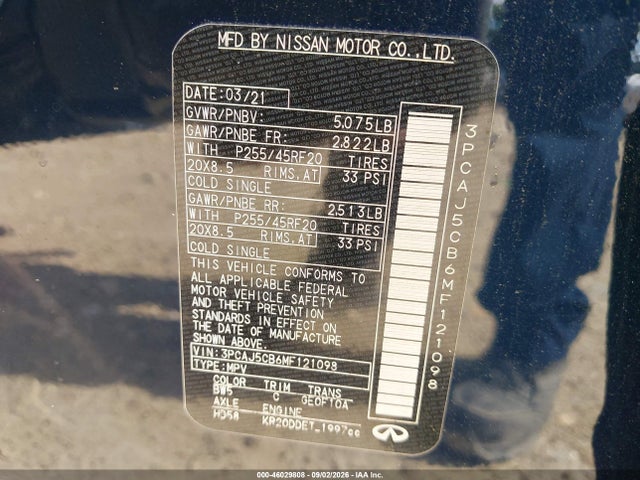 2021 Infiniti Qx50 Sensory Awd მანქანა იყიდება აუქციონზე, vin: 3PCAJ5CB6MF121098, აუქციონის ნომერი: 46029808