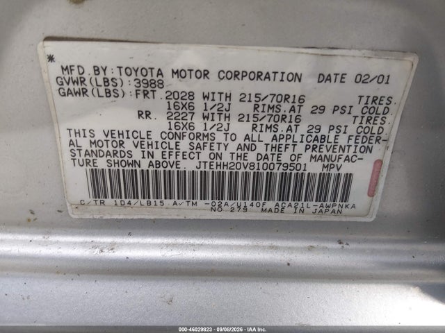 Aukcja sprzedaży 2001 Toyota Rav4, vin: JTEHH20V810079501, numer aukcji: 46029823
