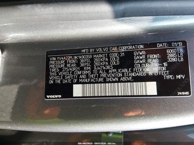 Продаж на аукціоні авто 2019 Volvo Xc90 T6 Inscription, vin: YV4A22PL9K1490359, номер лоту: 46029828