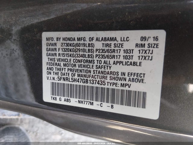 Honda ODYSSEY EX 2016 5FNRL5H47GB137435 Image 9