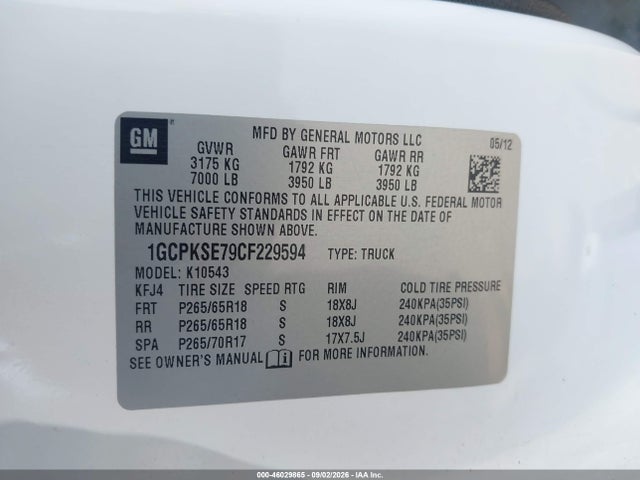 46029865 :رقم المزاد ، 1GCPKSE79CF229594 vin ، 2012 Chevrolet Silverado 1500 Lt مزاد بيع